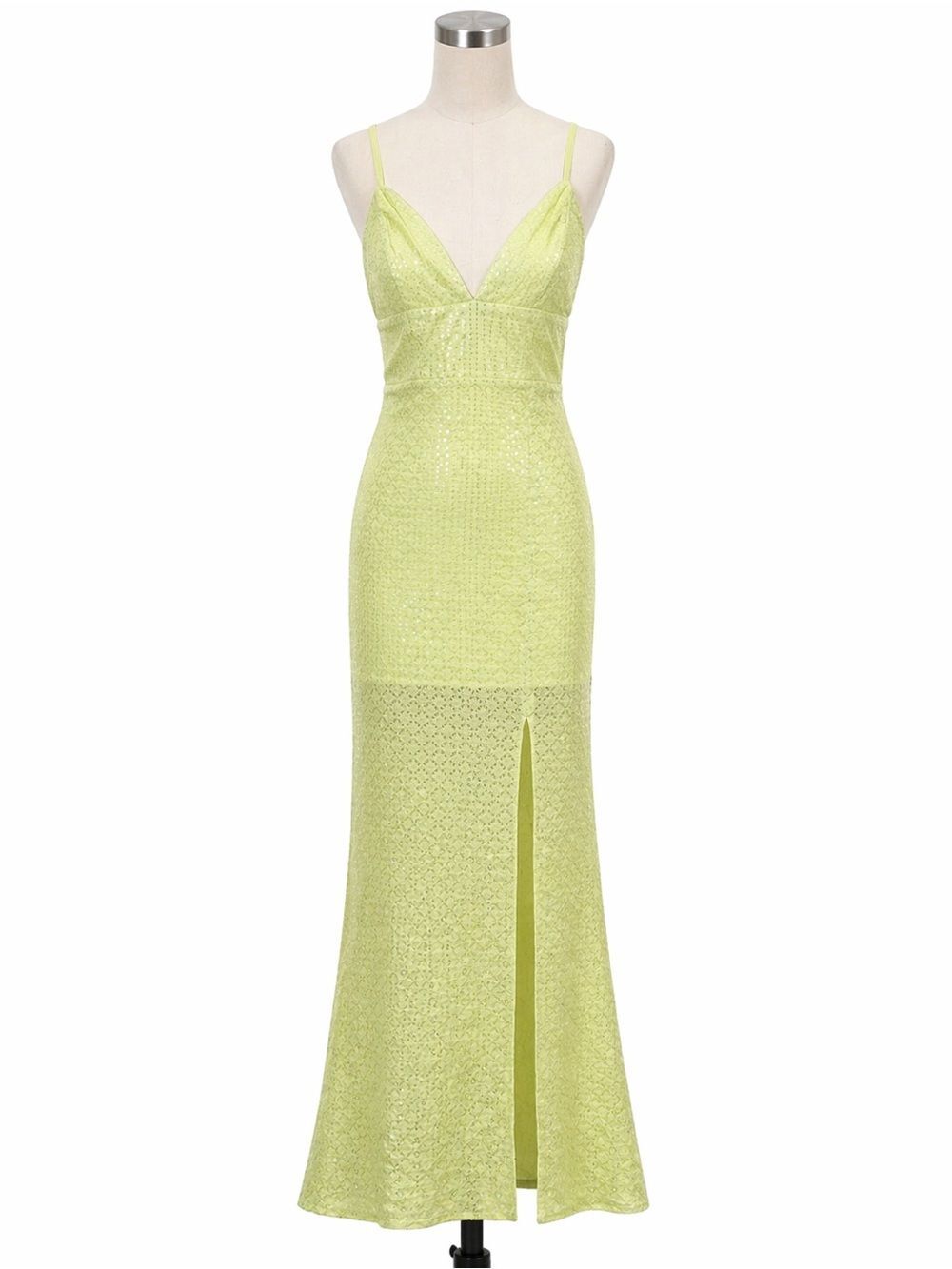 Line & Dot Sequin Maxi Gown Plunge V Neck Slit Spaghetti Strap Lime Green XS NEW